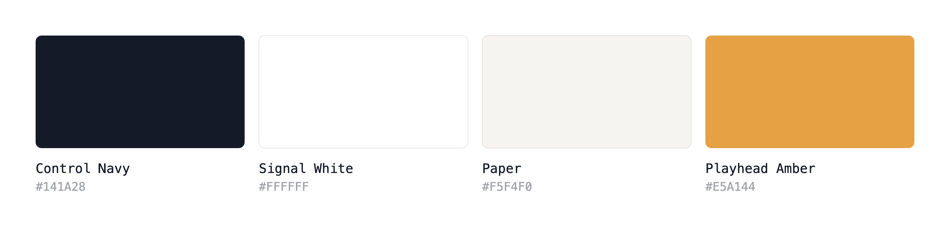 The four brand colours: Control Navy #141A28, Signal White #FFFFFF, Paper #F5F4F0 and Playhead Amber #E5A144