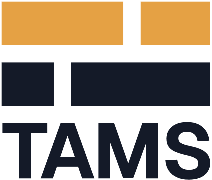 TAMS stacked duotone lockup in navy and amber, for light backgrounds